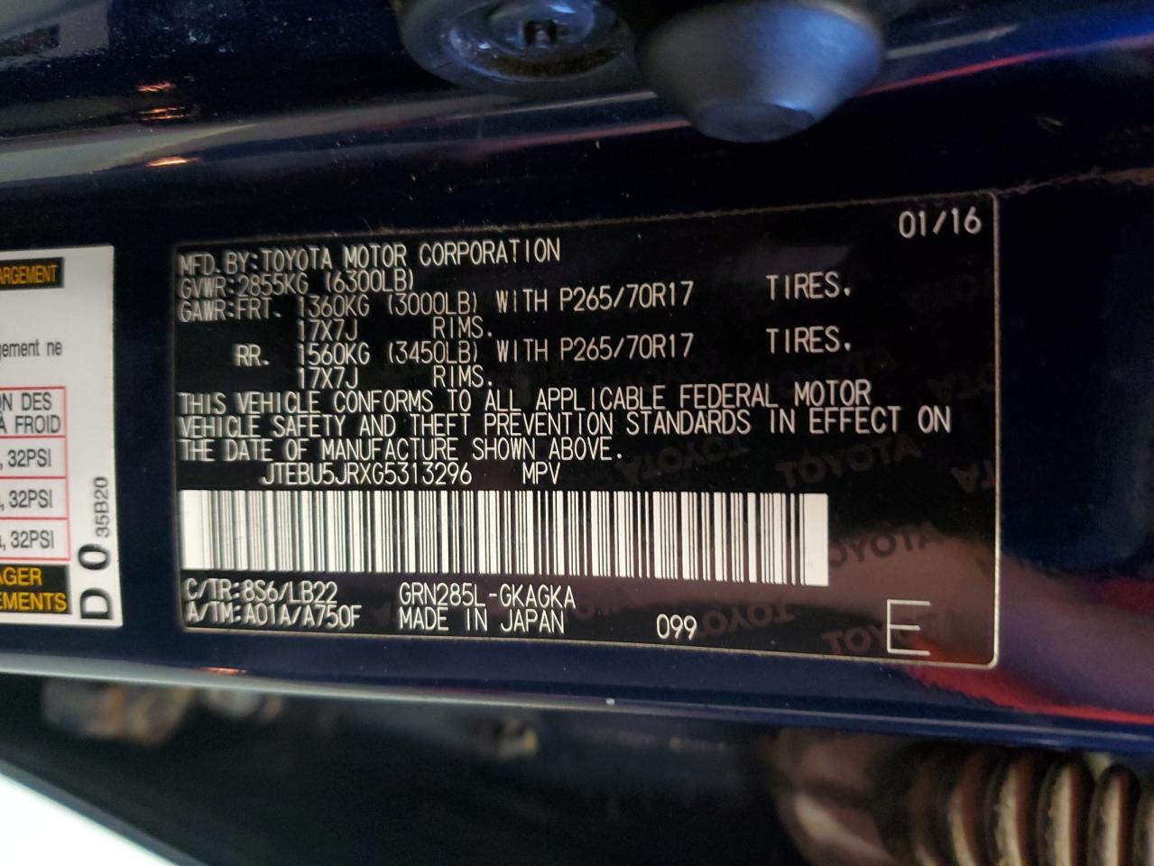 2016 Toyota 4Runner Sr5/Sr5 Premium VIN: JTEBU5JRXG5313296 Lot: 89688285