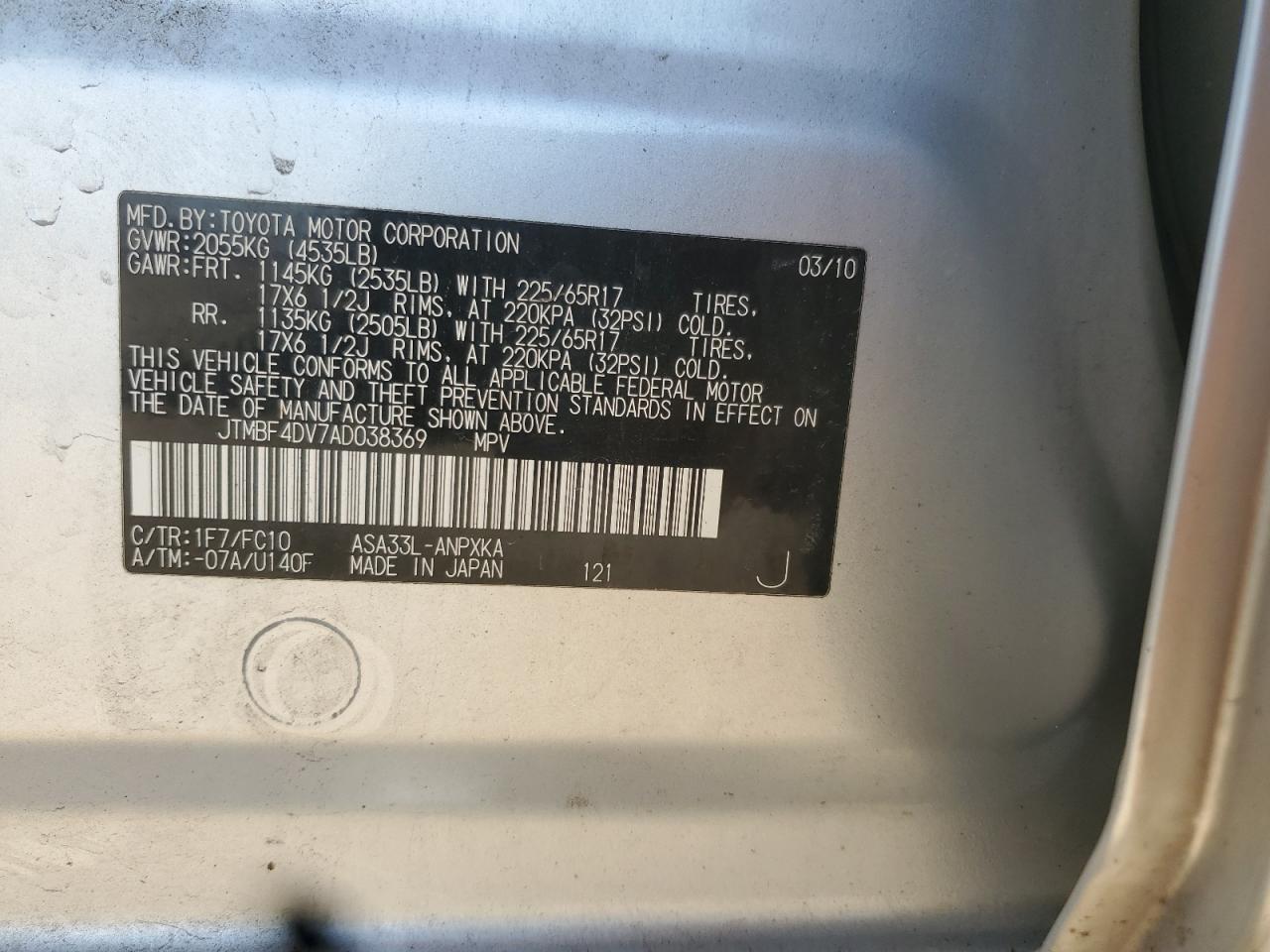 2010 Toyota Rav4 VIN: JTMBF4DV7AD038369 Lot: 84628985