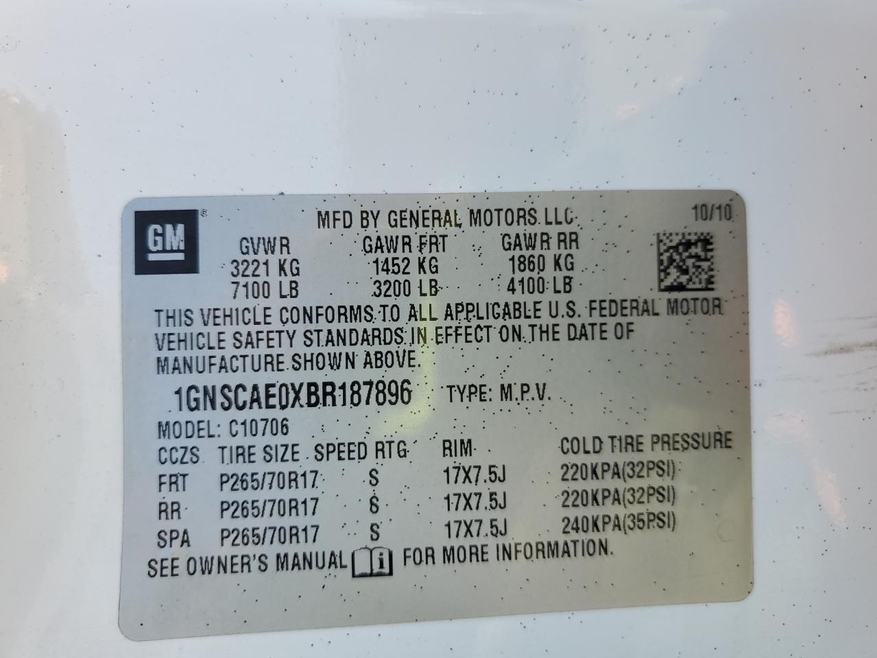 2011 Chevrolet Tahoe C1500 Ls VIN: 1GNSCAE0XBR187896 Lot: 84927365