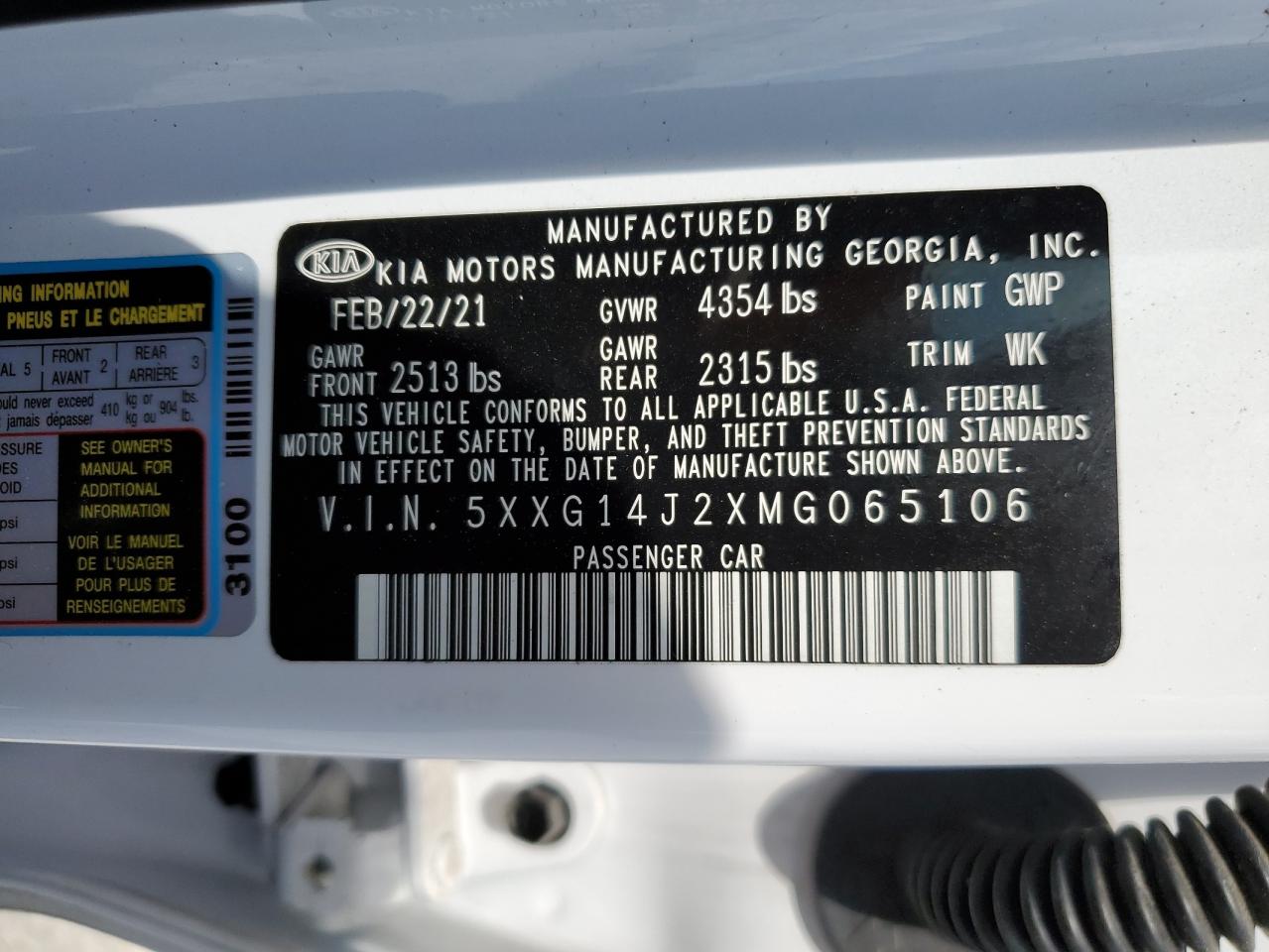 2021 Kia K5 Lxs VIN: 5XXG14J2XMG065106 Lot: 86647475