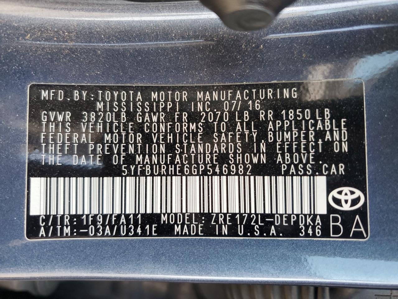 2016 Toyota Corolla L VIN: 5YFBURHE6GP546982 Lot: 82293675