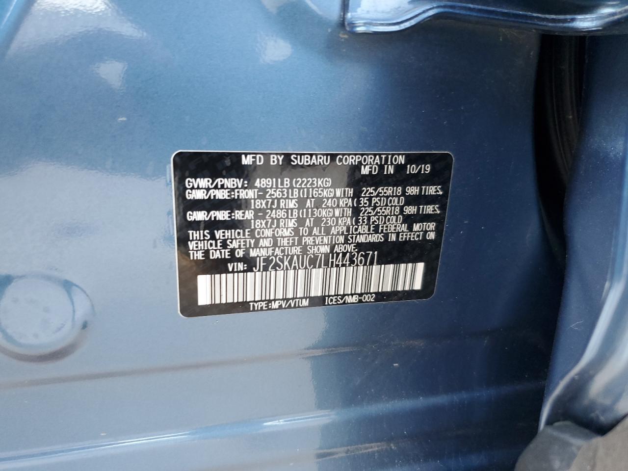 2020 Subaru Forester Limited VIN: JF2SKAUC7LH443671 Lot: 86633485