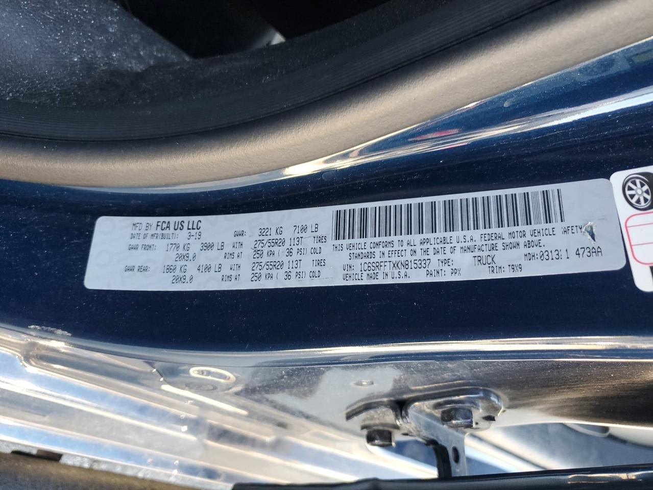 2019 Ram 1500 Big Horn/Lone Star VIN: 1C6SRFFTXKN815337 Lot: 85387475