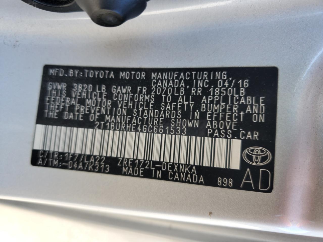 2016 Toyota Corolla L VIN: 2T1BURHE4GC661533 Lot: 84366555