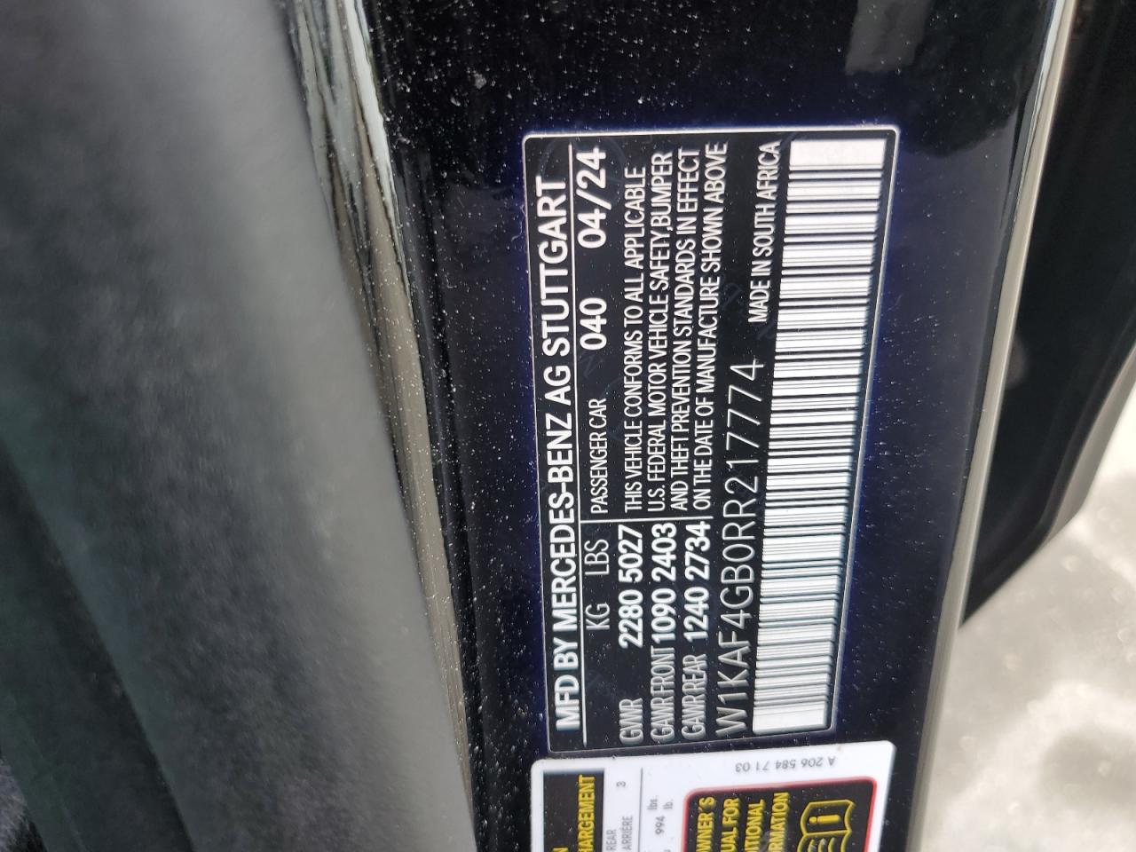 2024 Mercedes-Benz C 300 VIN: W1KAF4GB0RR217774 Lot: 86228275