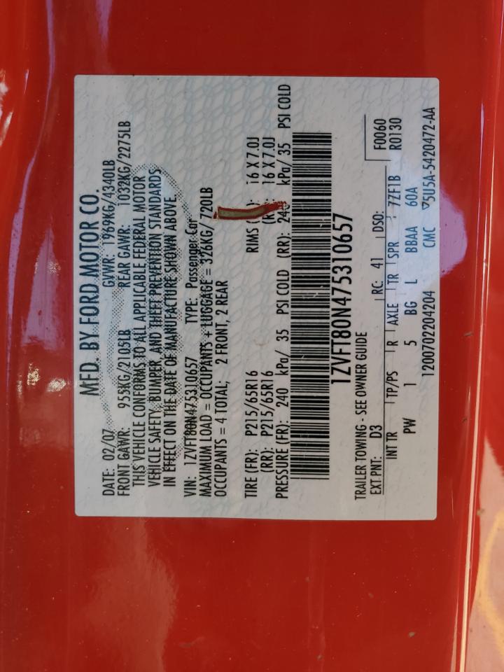 2007 Ford Mustang VIN: 1ZVFT80N475310657 Lot: 85332745