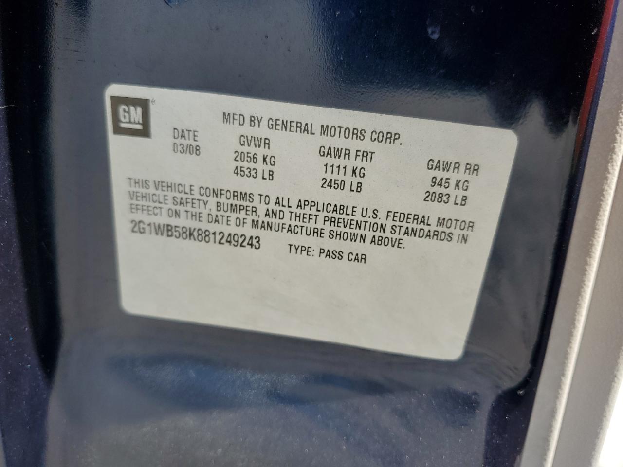 2008 Chevrolet Impala VIN: 2G1WB58K881249243 Lot: 82248065