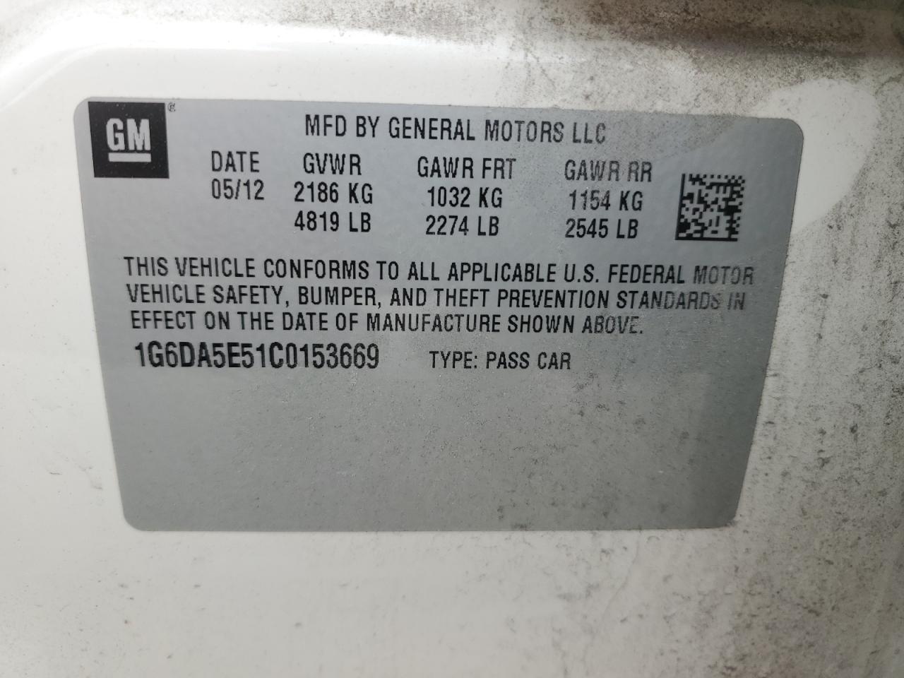 2012 Cadillac Cts VIN: 1G6DA5E51C0153669 Lot: 85084185