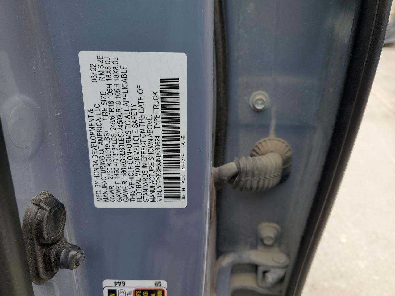 2022 Honda Ridgeline Rtl VIN: 5FPYK3F58NB030624 Lot: 89807495