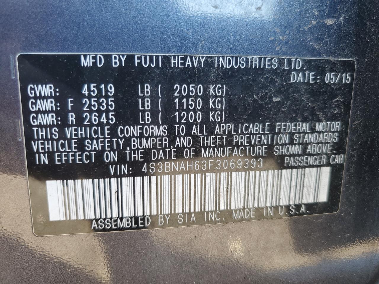 2015 Subaru Legacy 2.5I Premium VIN: 4S3BNAH63F3069393 Lot: 86139045