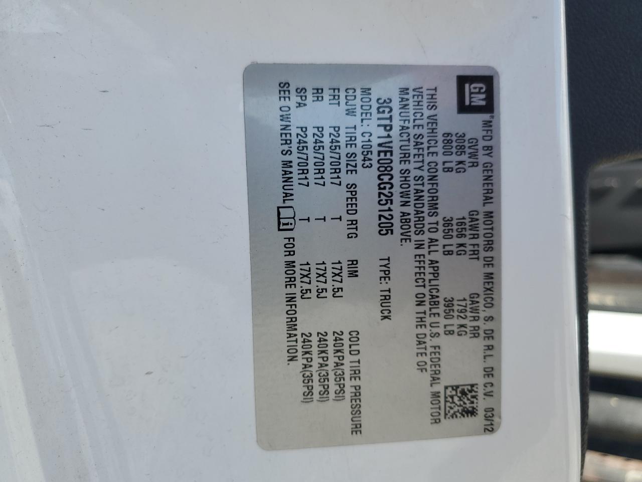 2012 GMC Sierra C1500 Sle VIN: 3GTP1VE08CG251205 Lot: 82637725