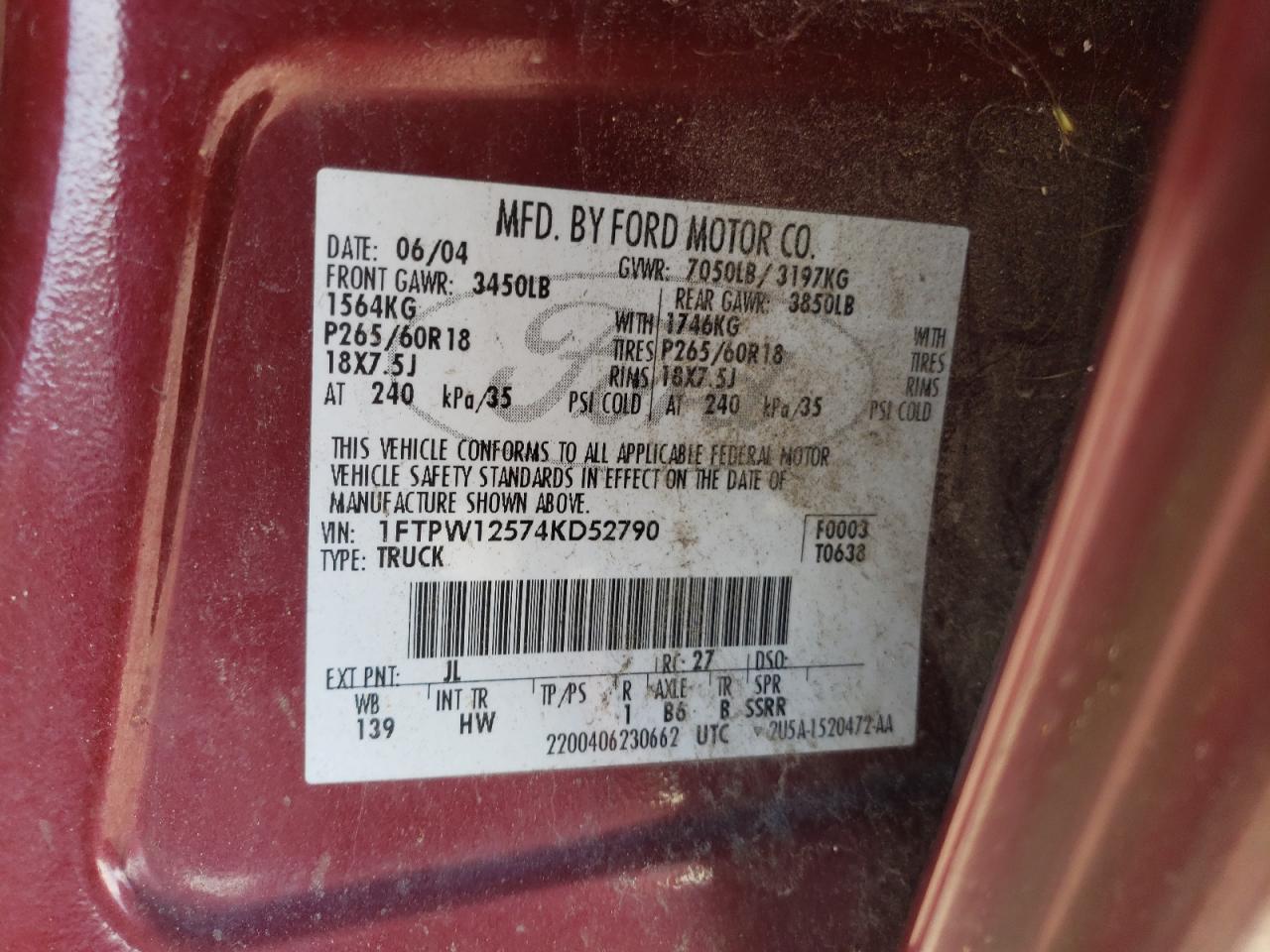 2004 Ford F150 Supercrew VIN: 1FTPW12574KD52790 Lot: 84699975