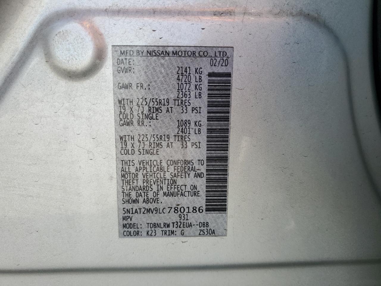 2020 Nissan Rogue S VIN: 5N1AT2MV9LC780186 Lot: 82284085