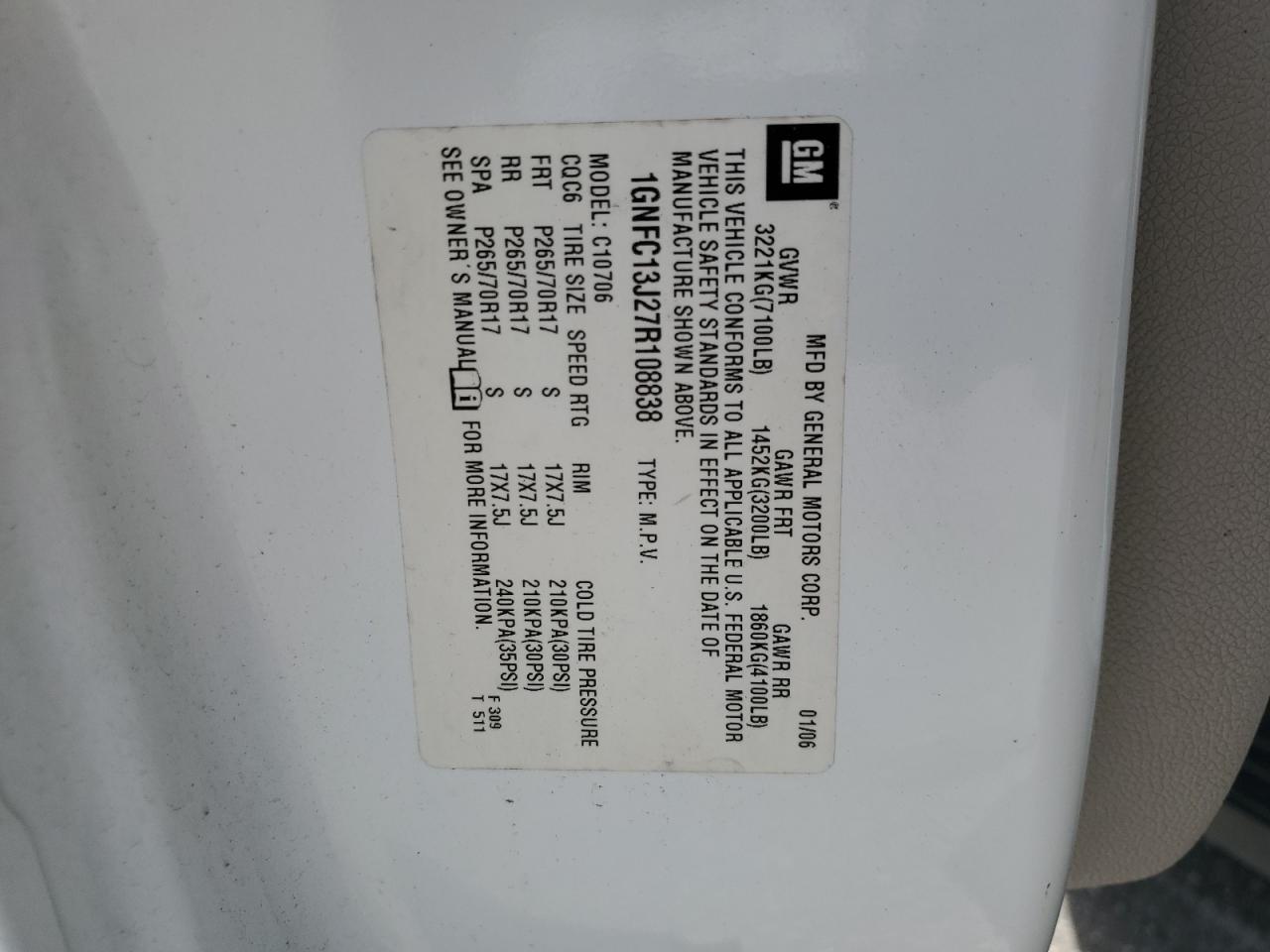 2007 Chevrolet Tahoe C1500 VIN: 1GNFC13J27R108838 Lot: 85270265