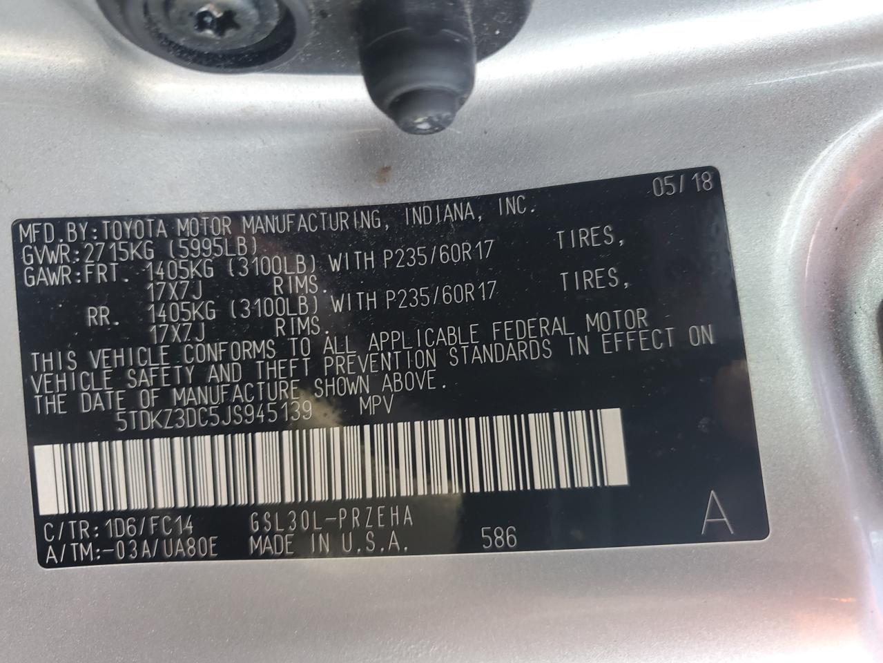 2018 Toyota Sienna Le VIN: 5TDKZ3DC5JS945139 Lot: 84890405