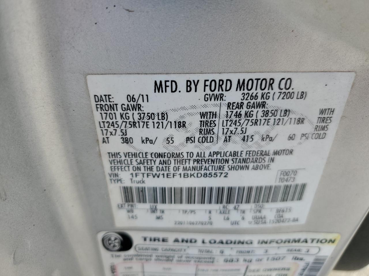 2011 Ford F150 Supercrew VIN: 1FTFW1EF1BKD85572 Lot: 87244195