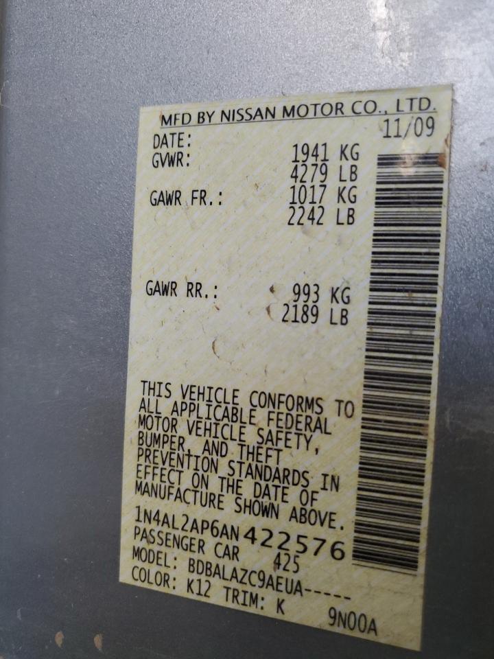 2010 Nissan Altima Base VIN: 1N4AL2AP6AN422576 Lot: 84472195