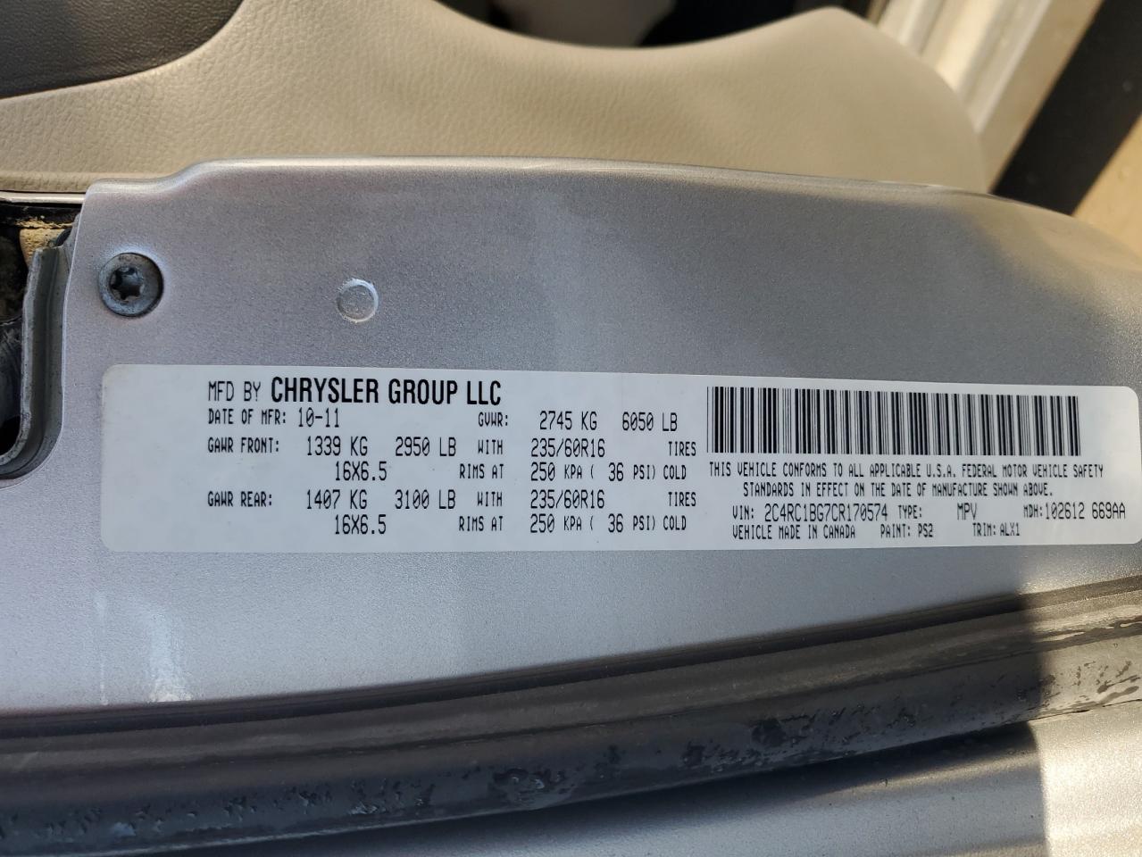 2012 Chrysler Town & Country Touring VIN: 2C4RC1BG7CR170574 Lot: 85187055