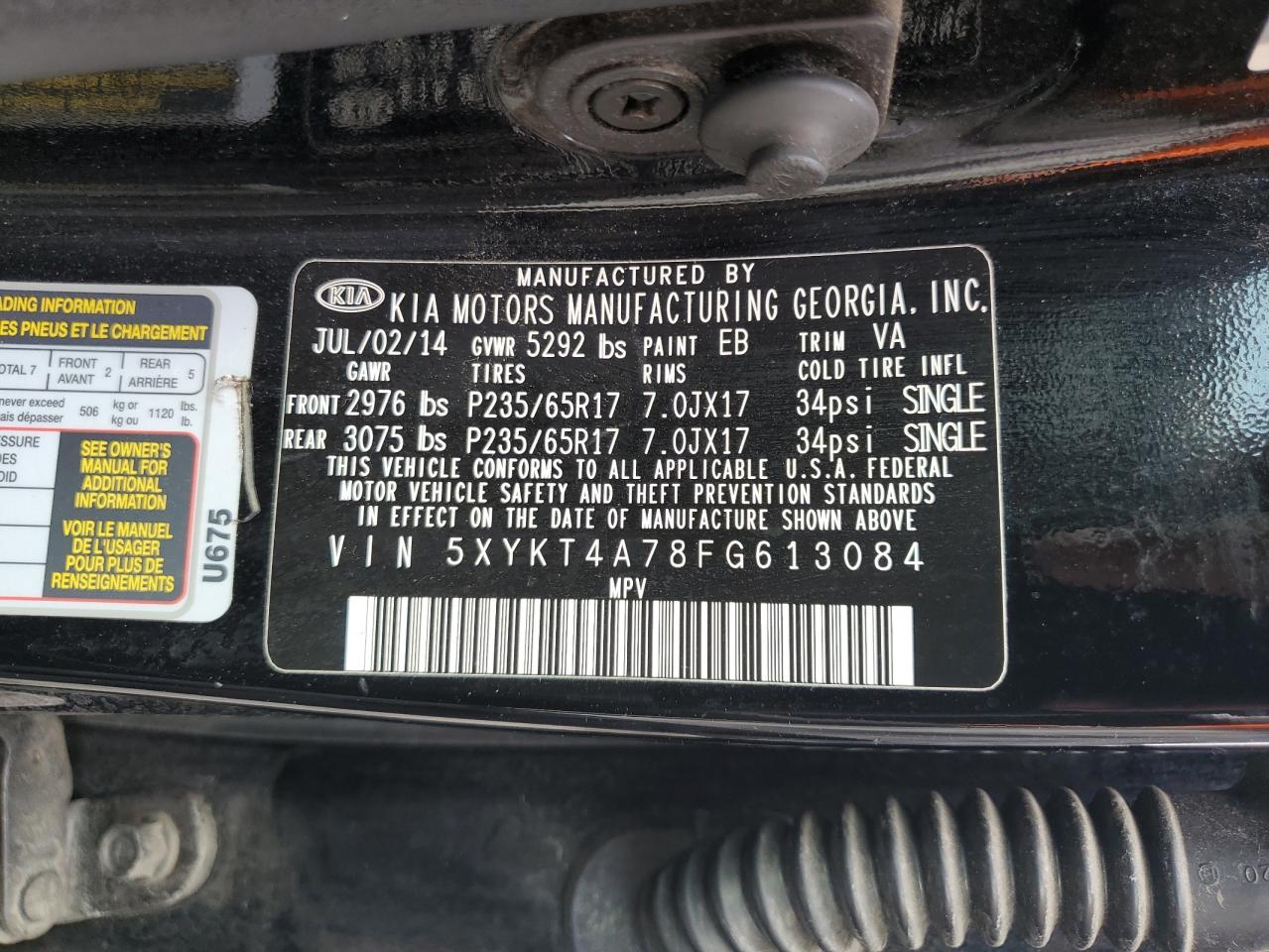 2015 Kia Sorento Lx VIN: 5XYKT4A78FG613084 Lot: 82387315