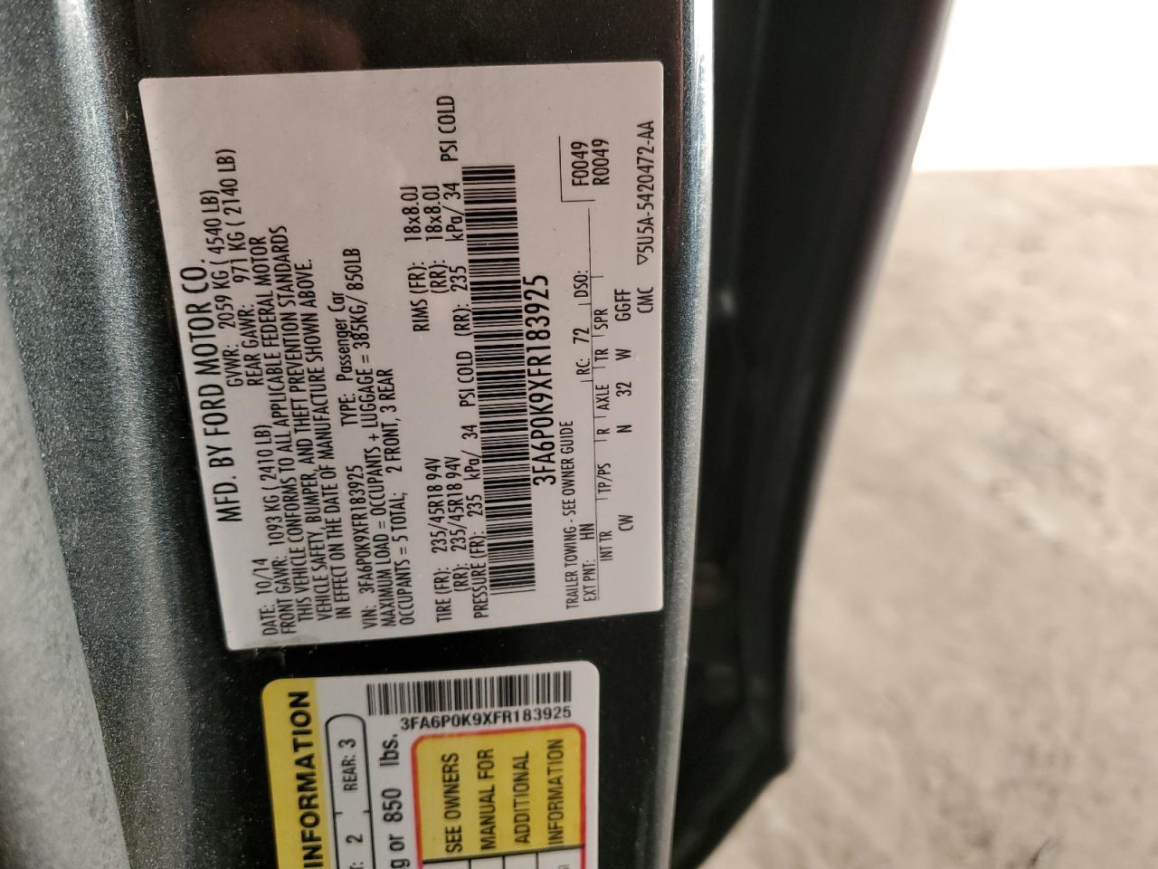 2015 Ford Fusion Titanium VIN: 3FA6P0K9XFR183925 Lot: 85379335