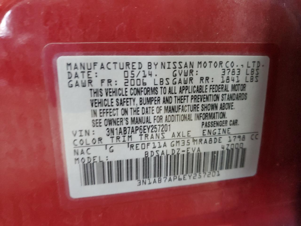 2014 Nissan Sentra S VIN: 3N1AB7AP6EY257201 Lot: 87084235