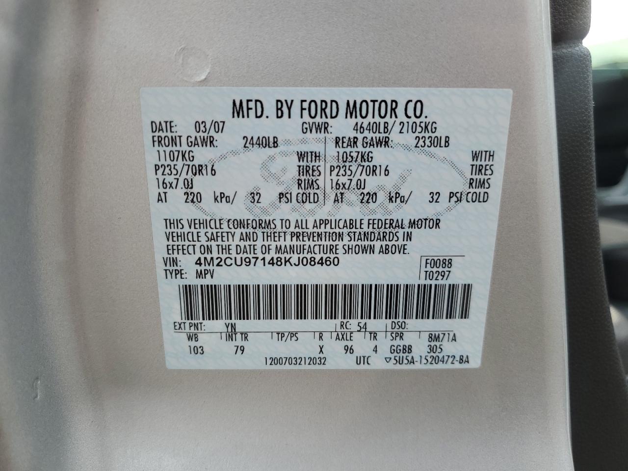 2008 Mercury Mariner Premier VIN: 4M2CU97148KJ08460 Lot: 85178725