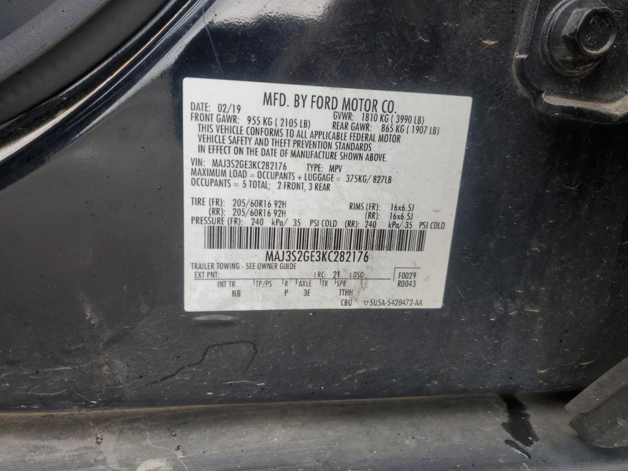 2019 Ford Ecosport Se VIN: MAJ3S2GE3KC282176 Lot: 90396625