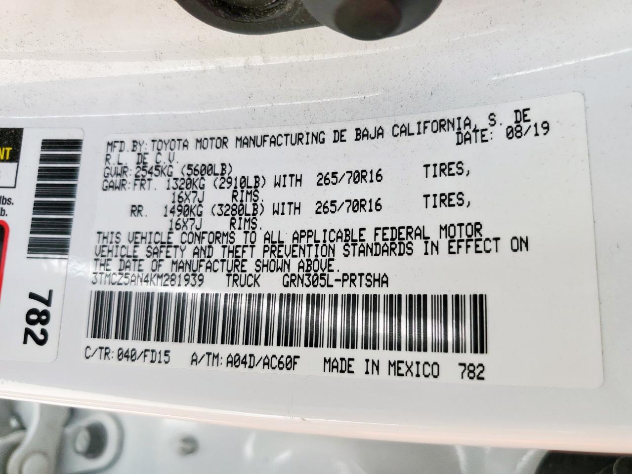 2019 Toyota Tacoma Double Cab VIN: 3TMCZ5AN4KM281939 Lot: 82433655