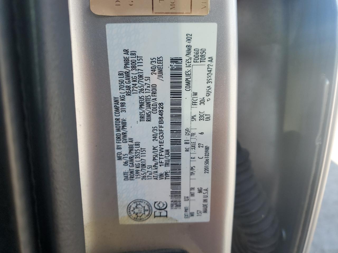 2015 Ford F150 Supercrew VIN: 1FTFW1EG3FFB84828 Lot: 82191555