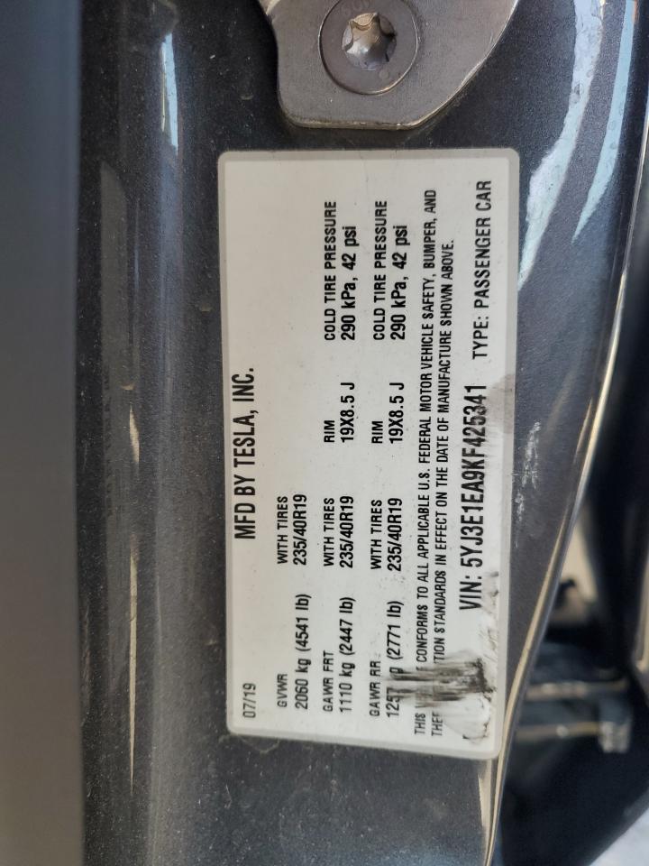 2019 Tesla Model 3 VIN: 5YJ3E1EA9KF425341 Lot: 91252195