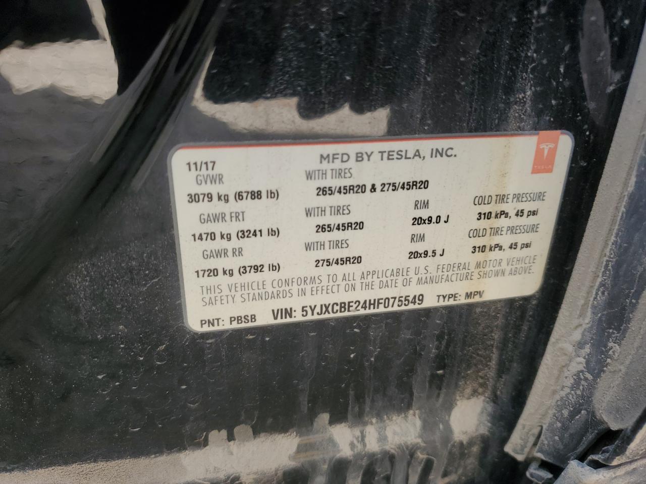 2017 Tesla Model X VIN: 5YJXCBE24HF075549 Lot: 85282215