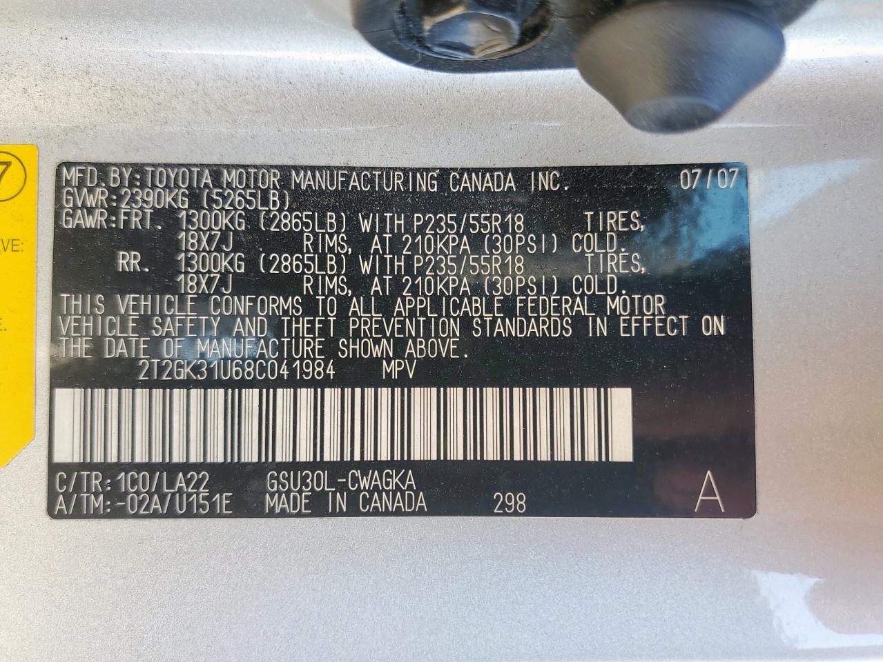 2008 Lexus Rx 350 VIN: 2T2GK31U68C041984 Lot: 85763985