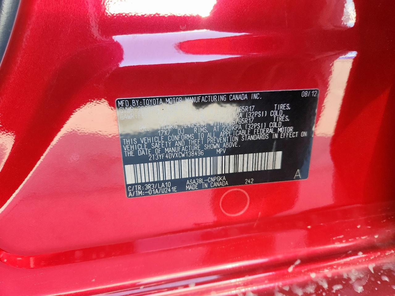 2012 Toyota Rav4 Limited VIN: 2T3YF4DVXCW138496 Lot: 82186755