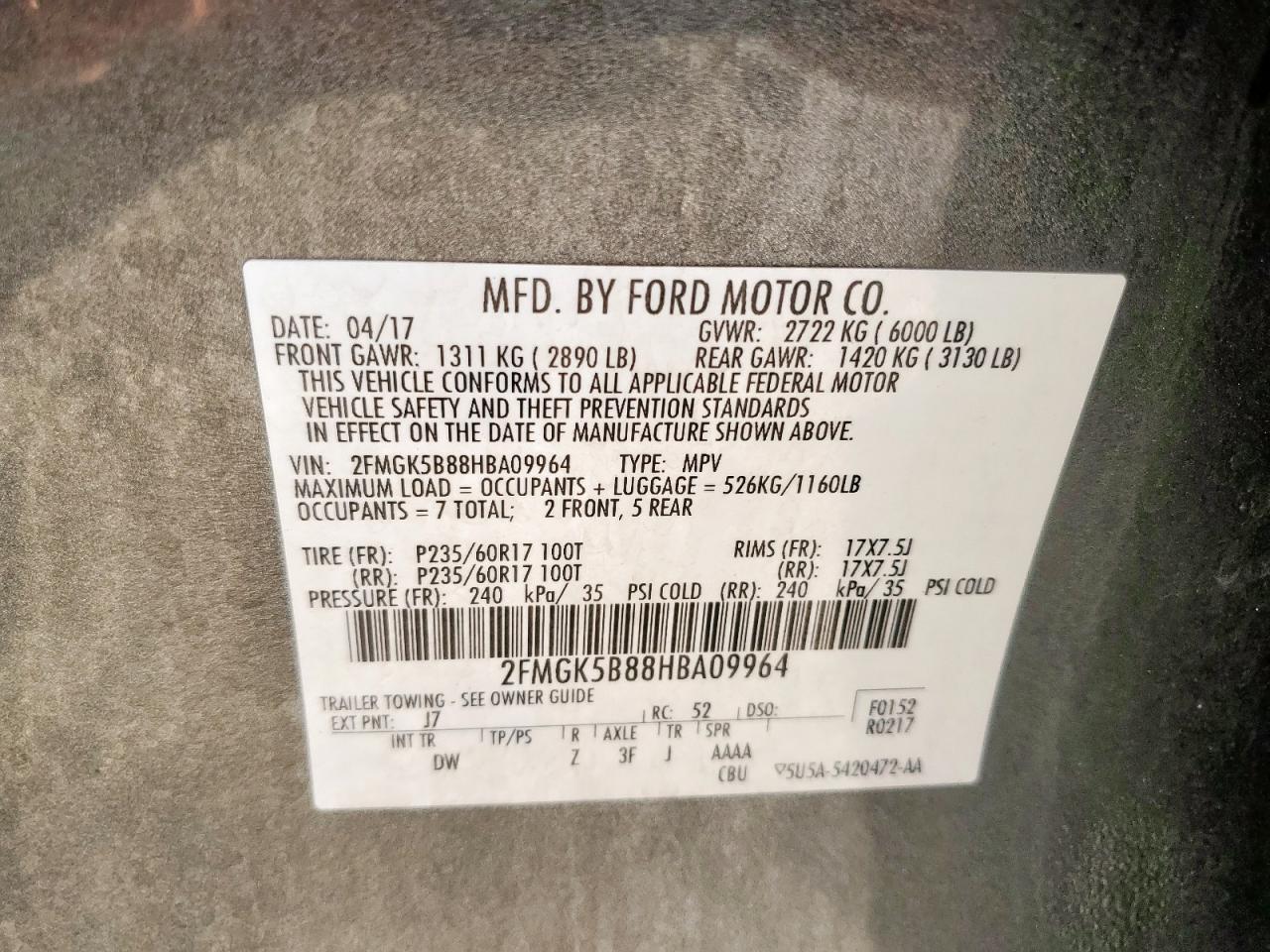 2017 Ford Flex Se VIN: 2FMGK5B88HBA09964 Lot: 82425425