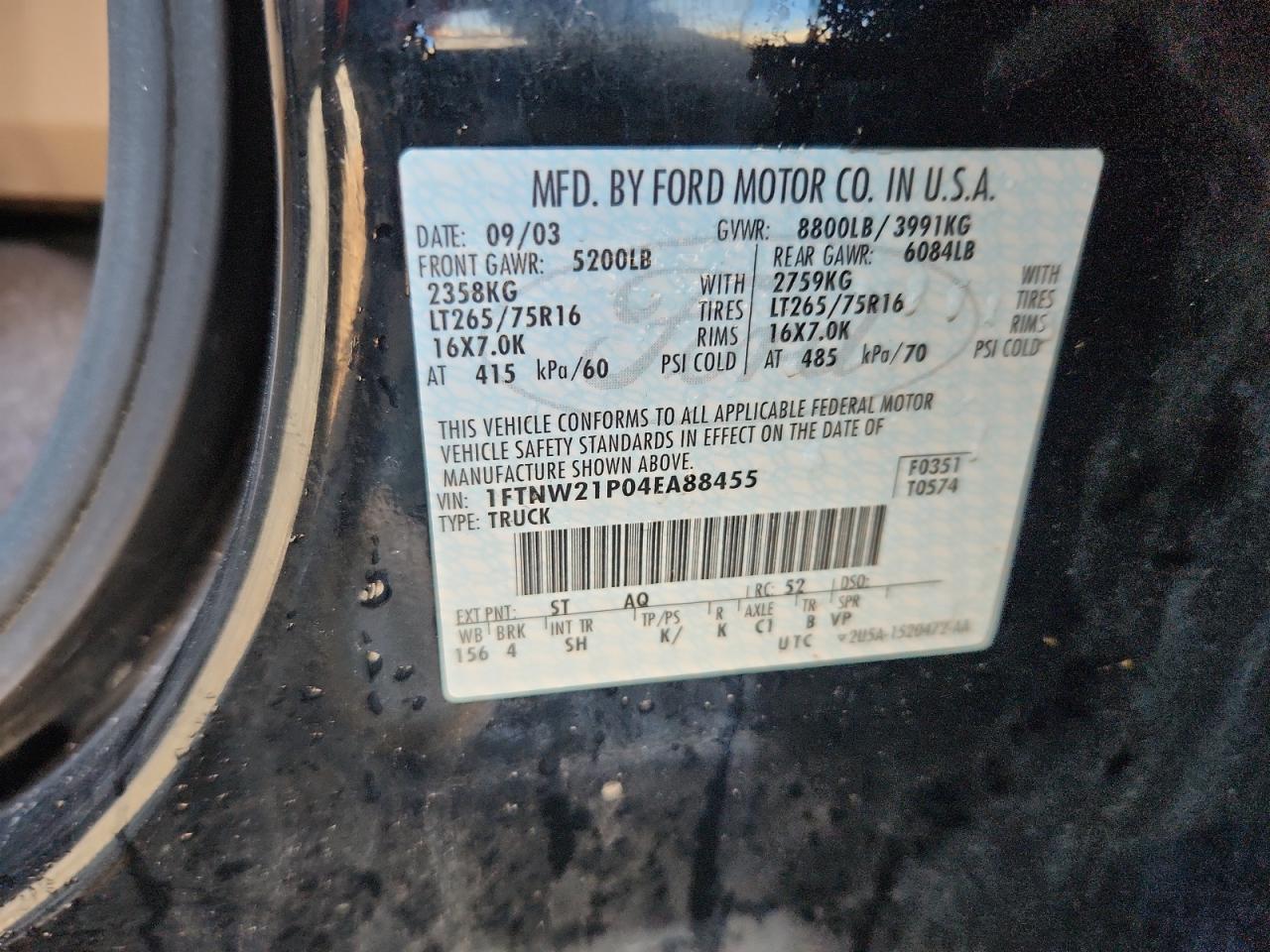 2004 Ford F250 Super Duty VIN: 1FTNW21P04EA88455 Lot: 86866305