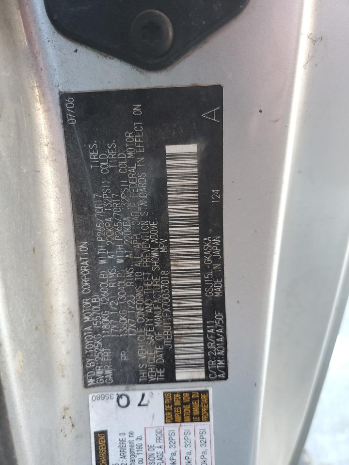 2007 Toyota Fj Cruiser VIN: JTEBU11FX70037018 Lot: 87089465