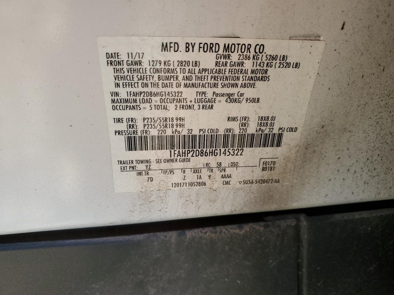 2017 Ford Taurus Se VIN: 1FAHP2D86HG145322 Lot: 86833845