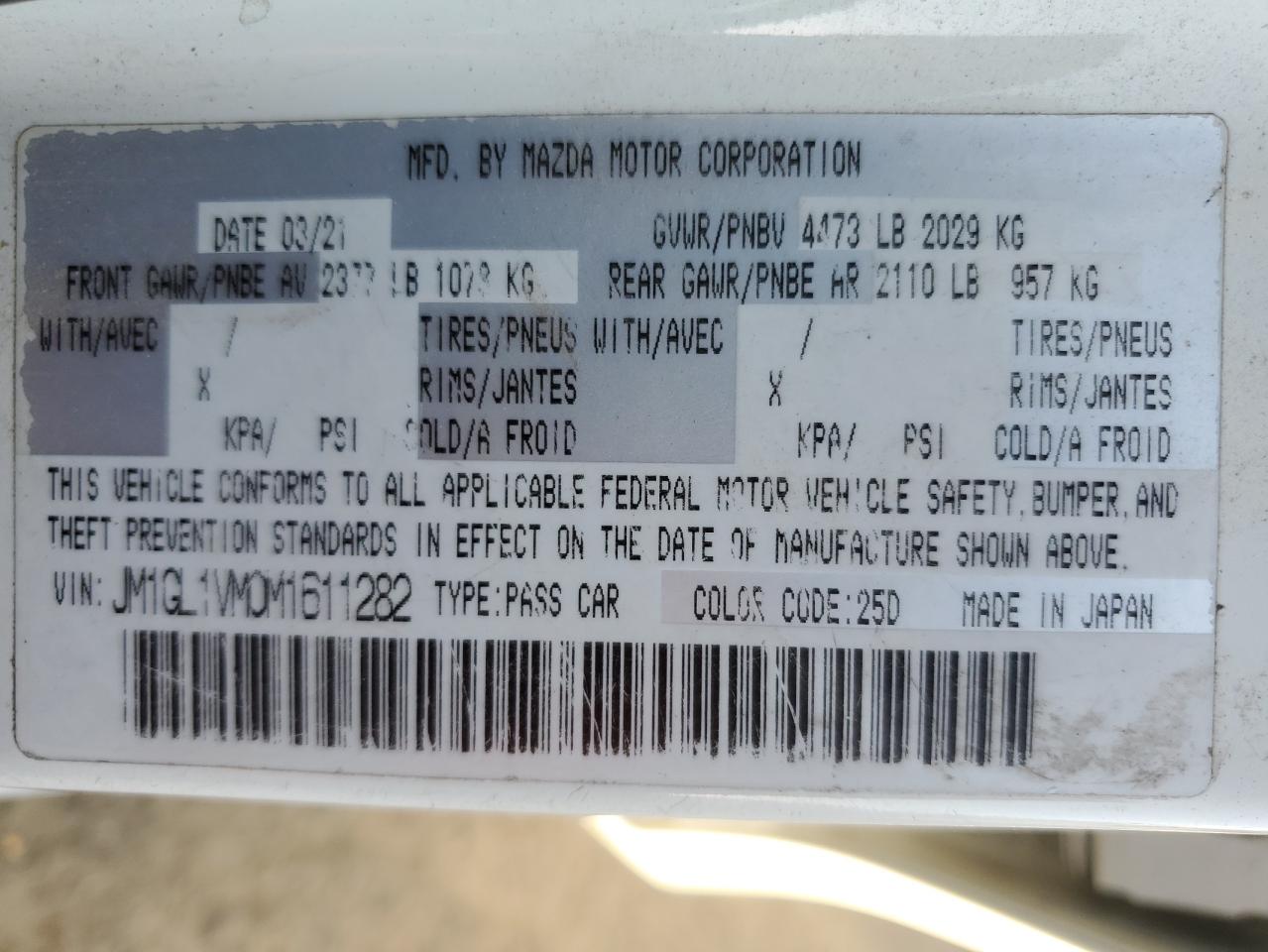 2021 Mazda 6 Touring VIN: JM1GL1VM0M1611282 Lot: 85930235