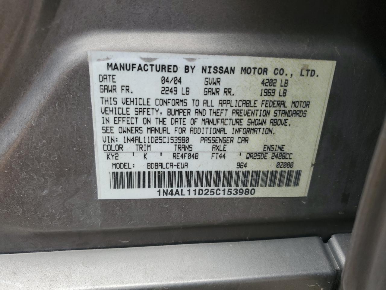 2005 Nissan Altima S VIN: 1N4AL11D25C153980 Lot: 82210435