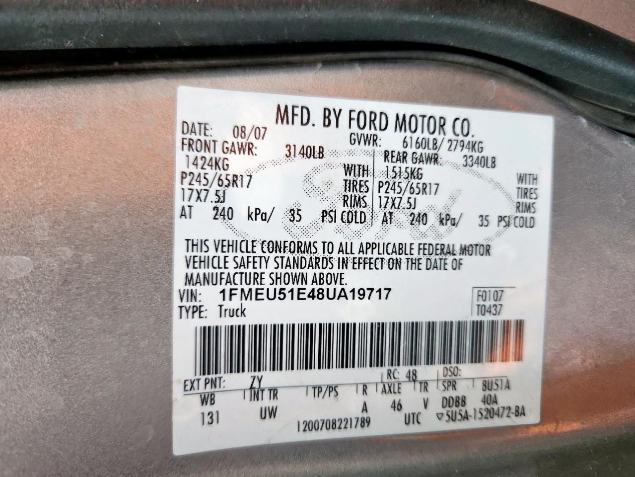 2008 Ford Explorer Sport Trac Xlt VIN: 1FMEU51E48UA19717 Lot: 90879515