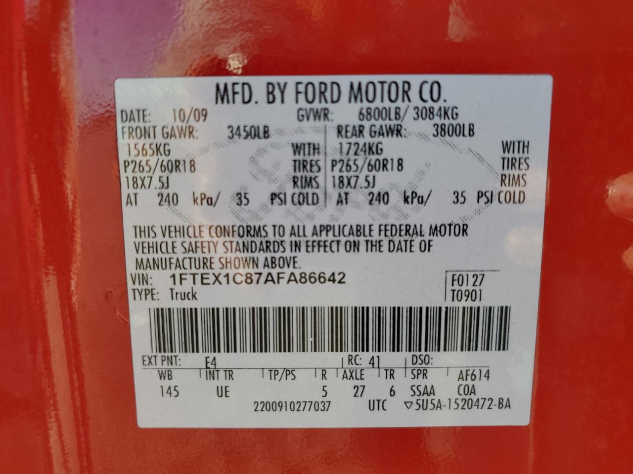 2010 Ford F150 Super Cab VIN: 1FTEX1C87AFA86642 Lot: 91071265