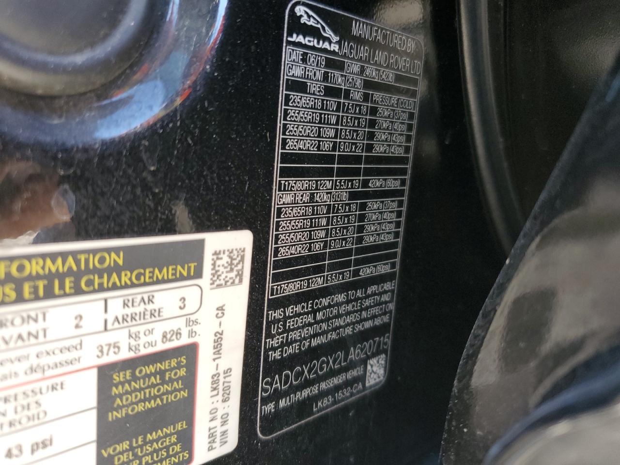 2020 Jaguar F-Pace 300 Sport VIN: SADCX2GX2LA620715 Lot: 87045445