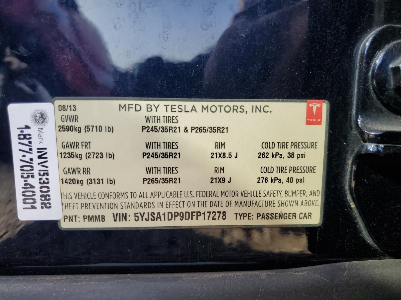 2013 Tesla Model S VIN: 5YJSA1DP9DFP17278 Lot: 89829235