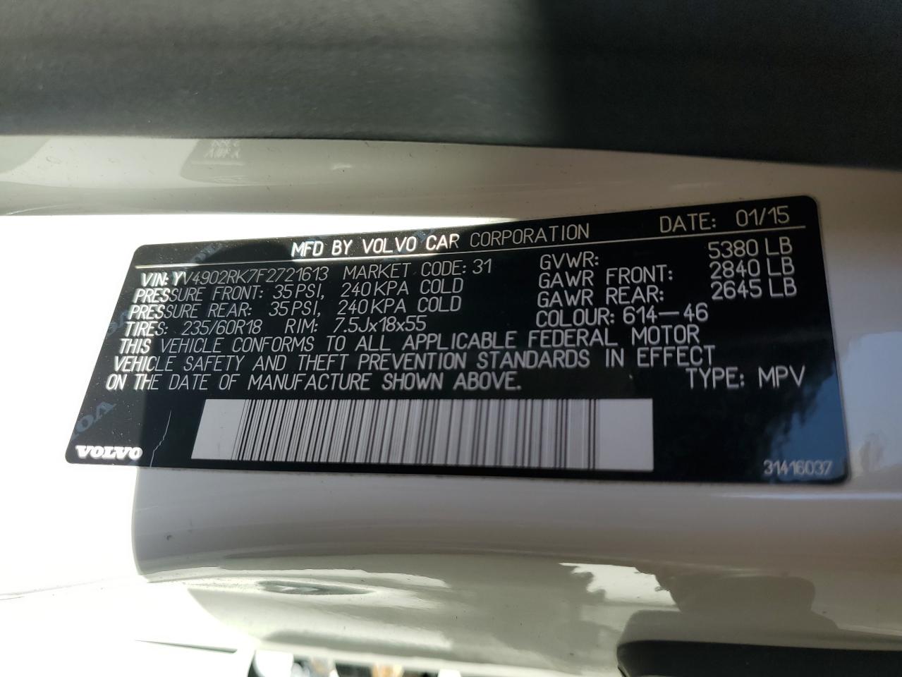2015 Volvo Xc60 T6 Premier VIN: YV4902RK7F2721613 Lot: 84951055