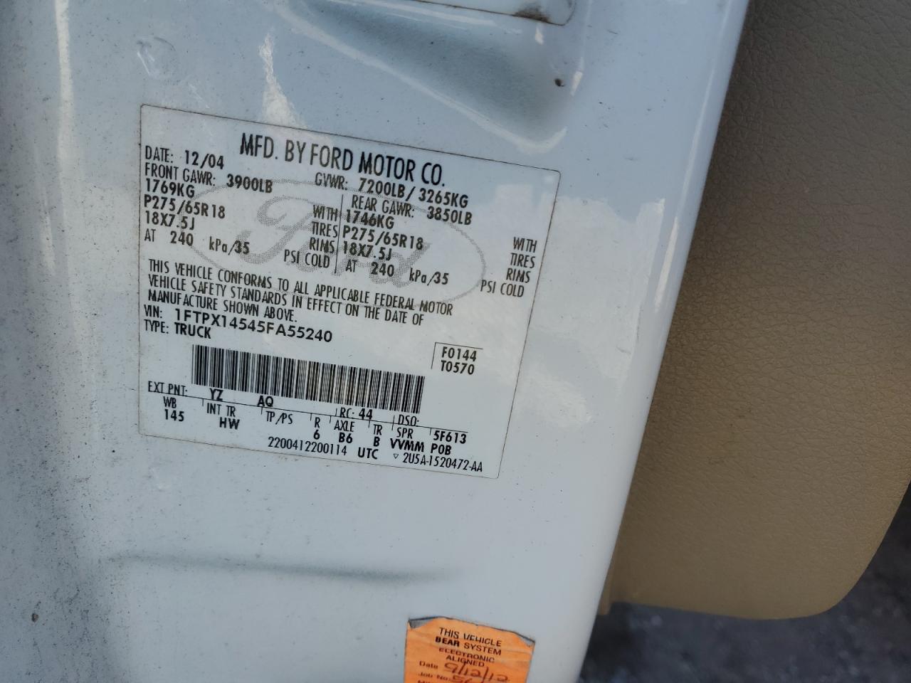 2005 Ford F150 VIN: 1FTPX14545FA55240 Lot: 85913205