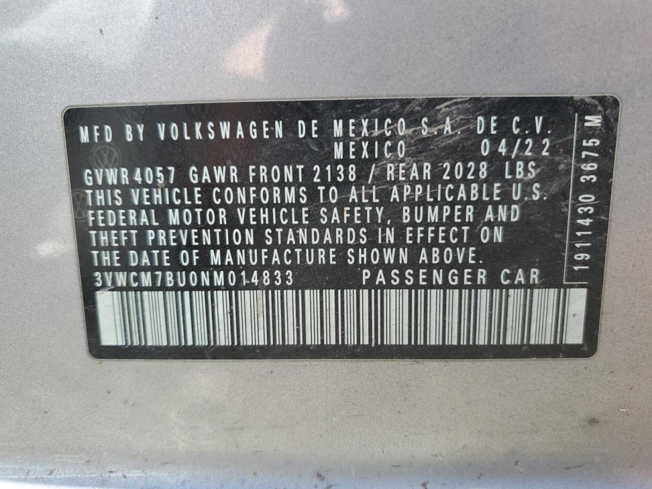 2022 Volkswagen Jetta S VIN: 3VWCM7BU0NM014833 Lot: 85684655