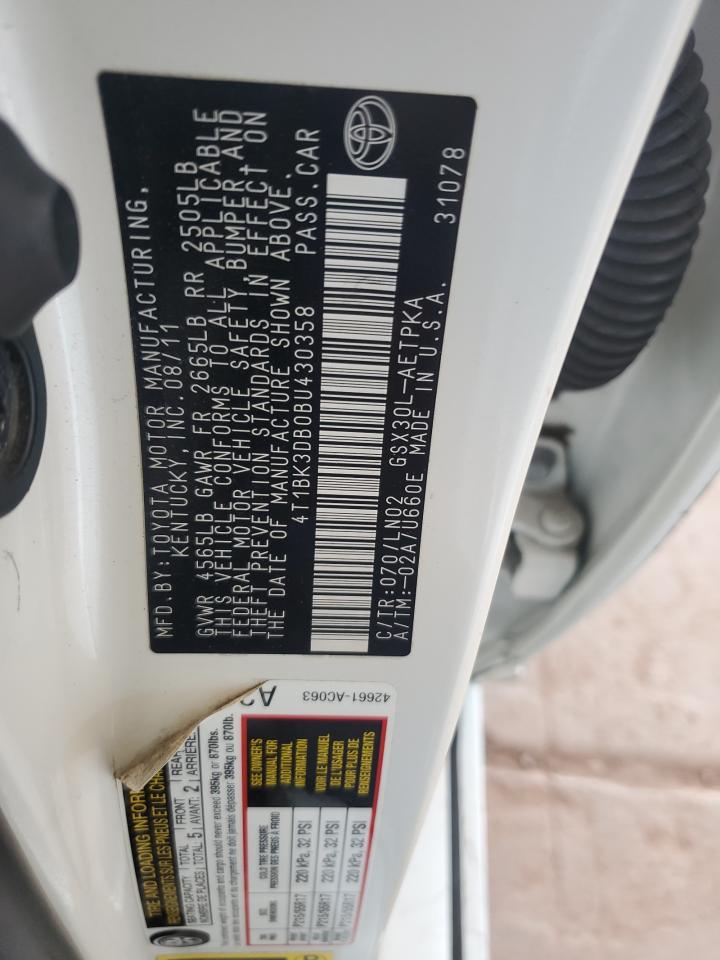 2011 Toyota Avalon Base VIN: 4T1BK3DB0BU430358 Lot: 86254055