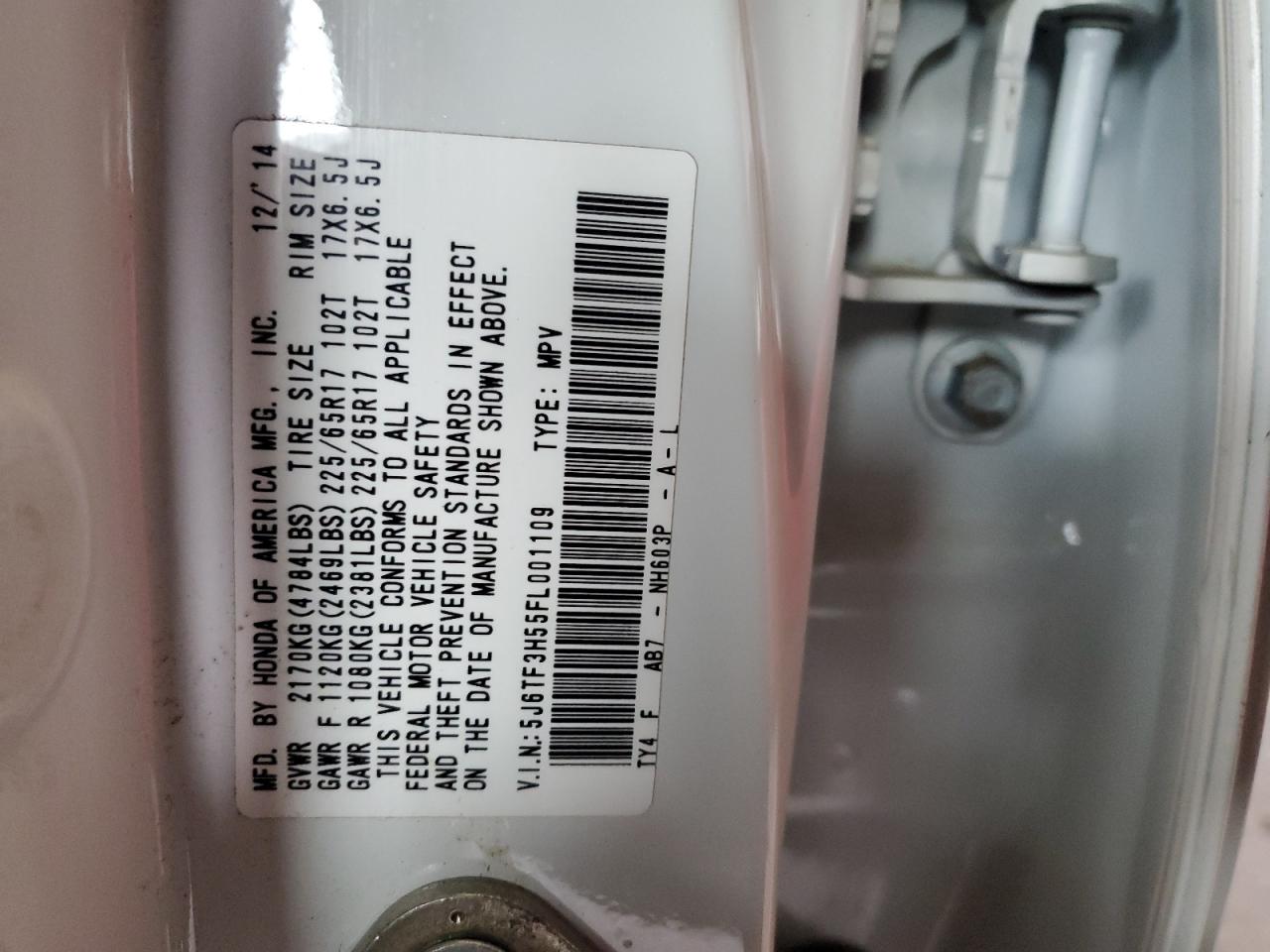 2015 Honda Crosstour Exl VIN: 5J6TF3H55FL001109 Lot: 84438785