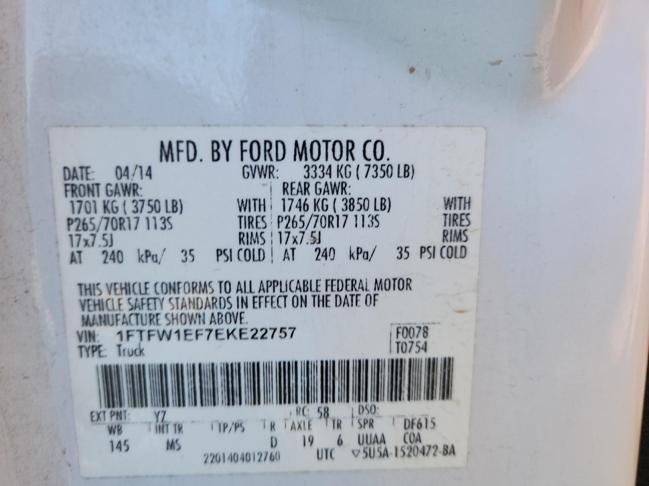 2014 Ford F150 Supercrew VIN: 1FTFW1EF7EKE22757 Lot: 90527185