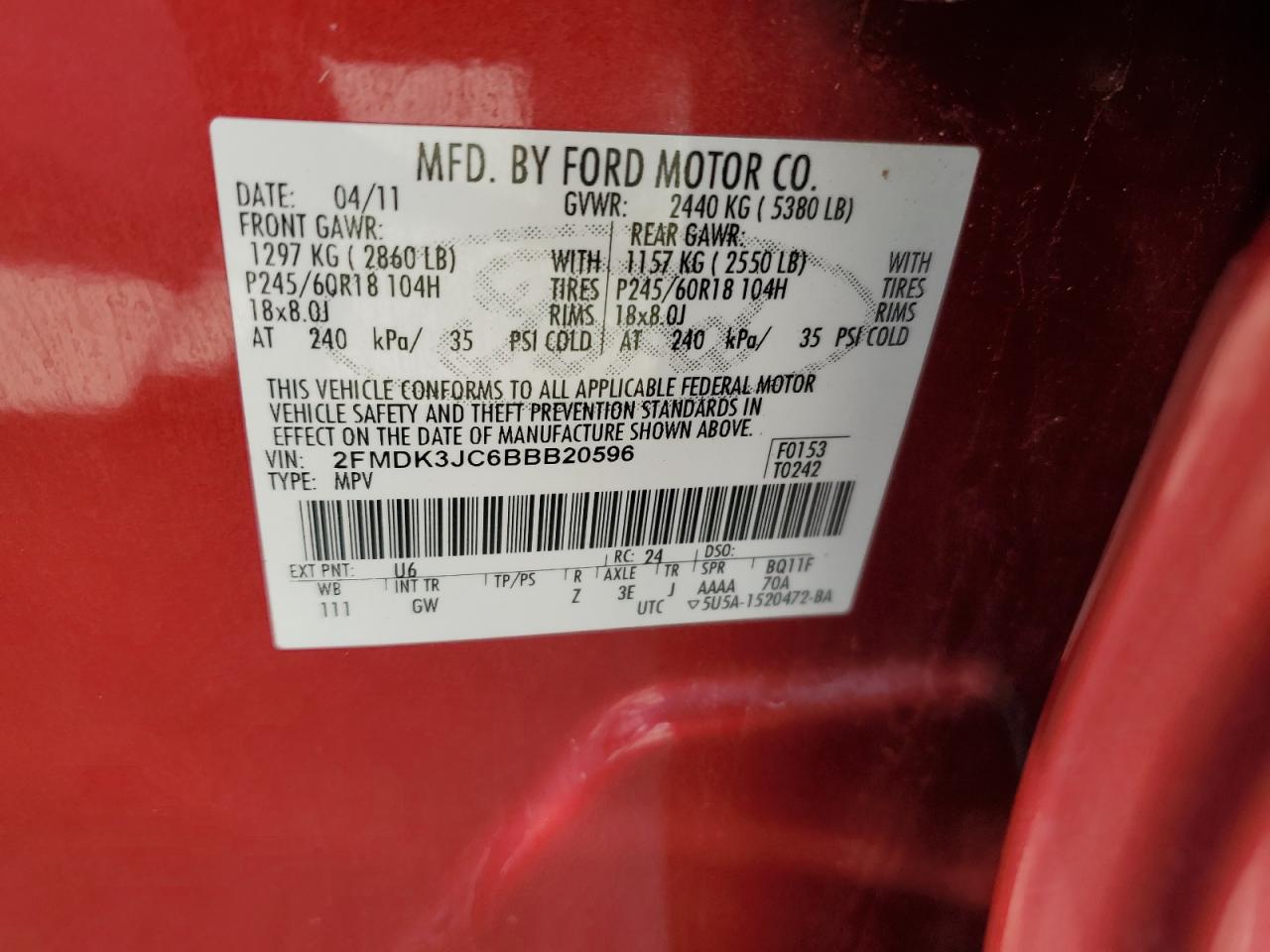 2011 Ford Edge Sel VIN: 2FMDK3JC6BBB20596 Lot: 84956565